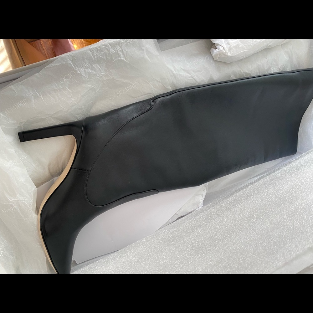 BRAND NEW IN BOX , RARE JIMMY CHOO MAVIS BLACK LEATHER KNEE HIGH BOOTS
